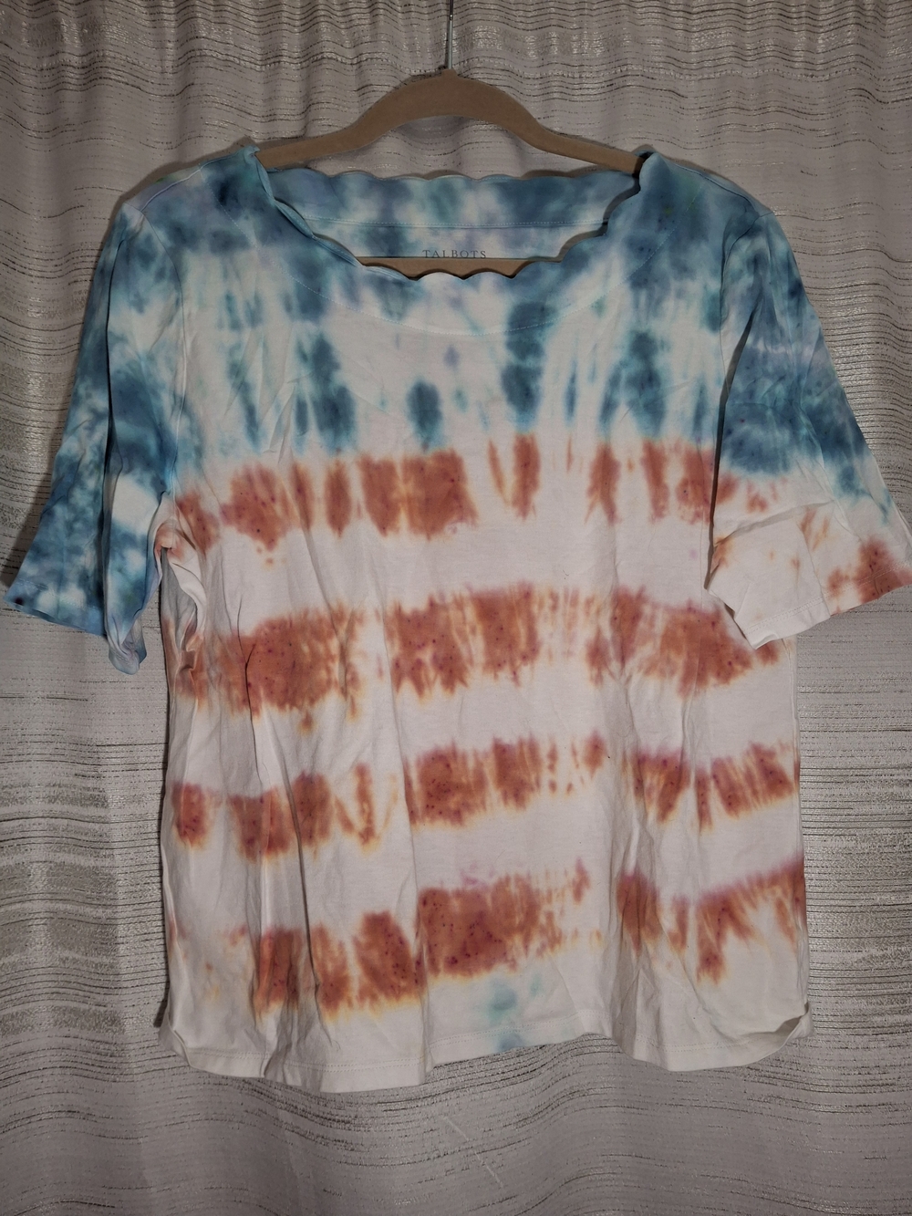 Talbots Red White & Blue Tie-Dye Scallop Neck Flag Short Sleeve Top XLP